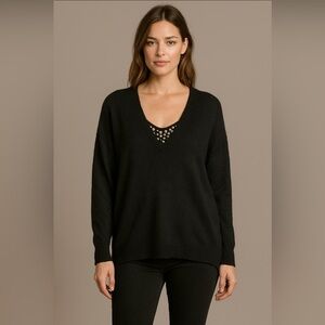 Tory Burch Elegant Black V-Neck Embelished Sweater.      Size-X-Large
